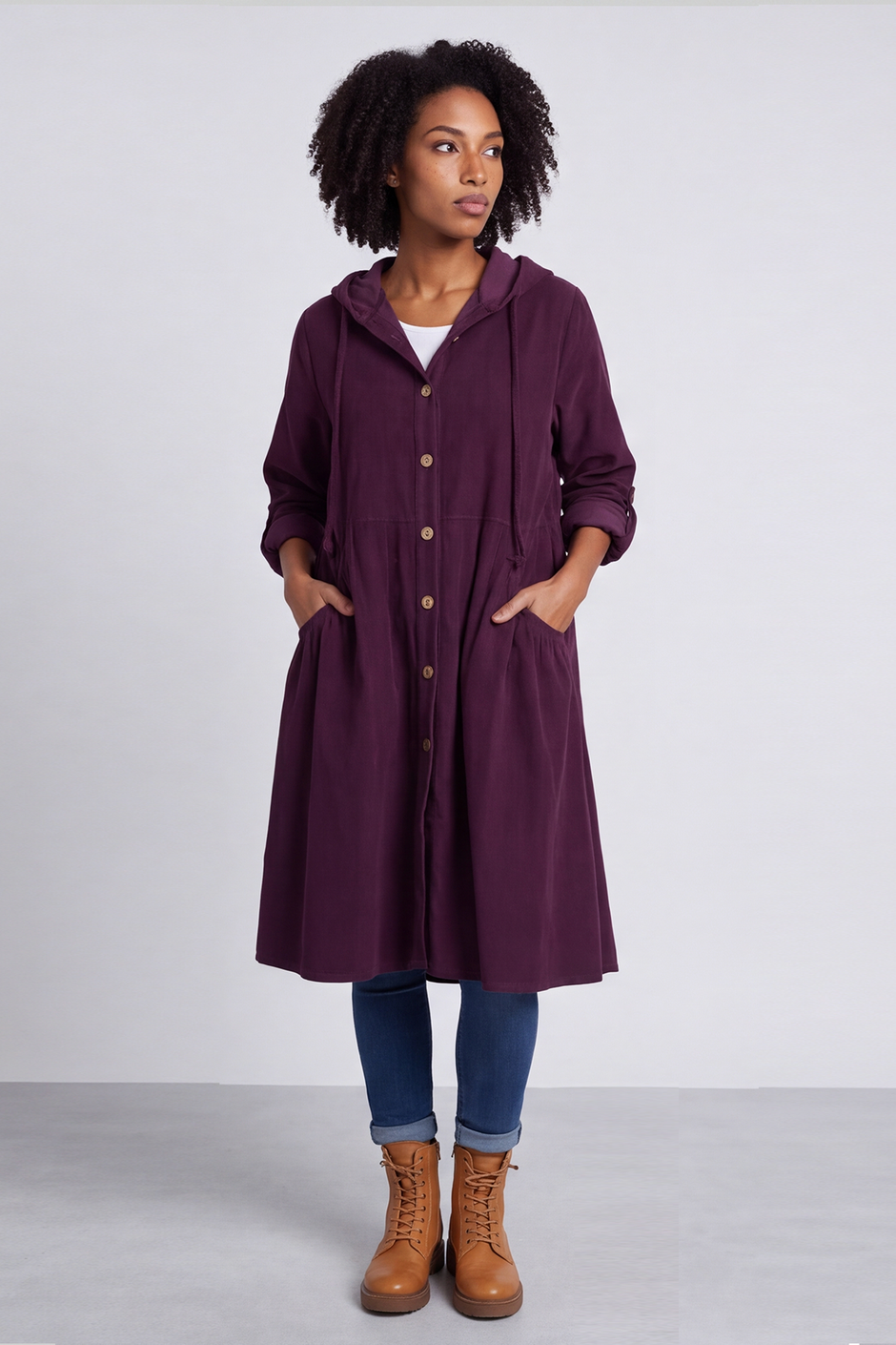 Sian Hooded Needlecord Jacket Burgundy