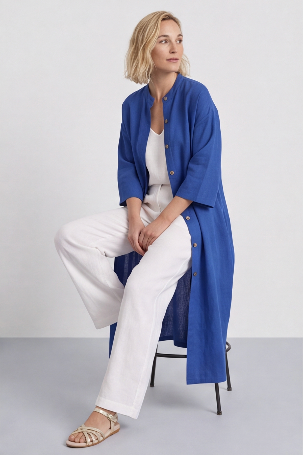 Sienna Button Linen Dress Cobalt