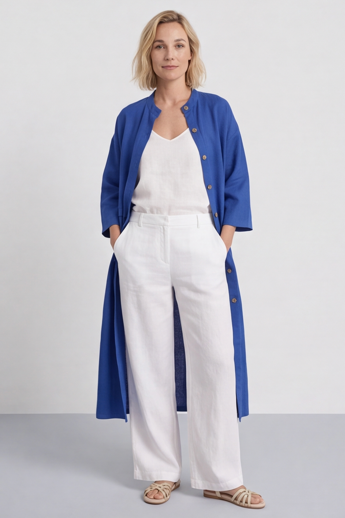 Sienna Button Linen Dress Cobalt