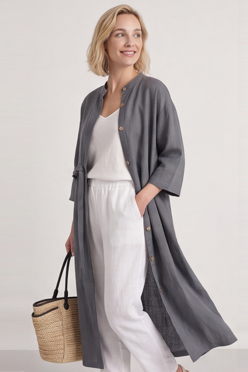 Sienna Button Linen Dress Charcoal - Image 3