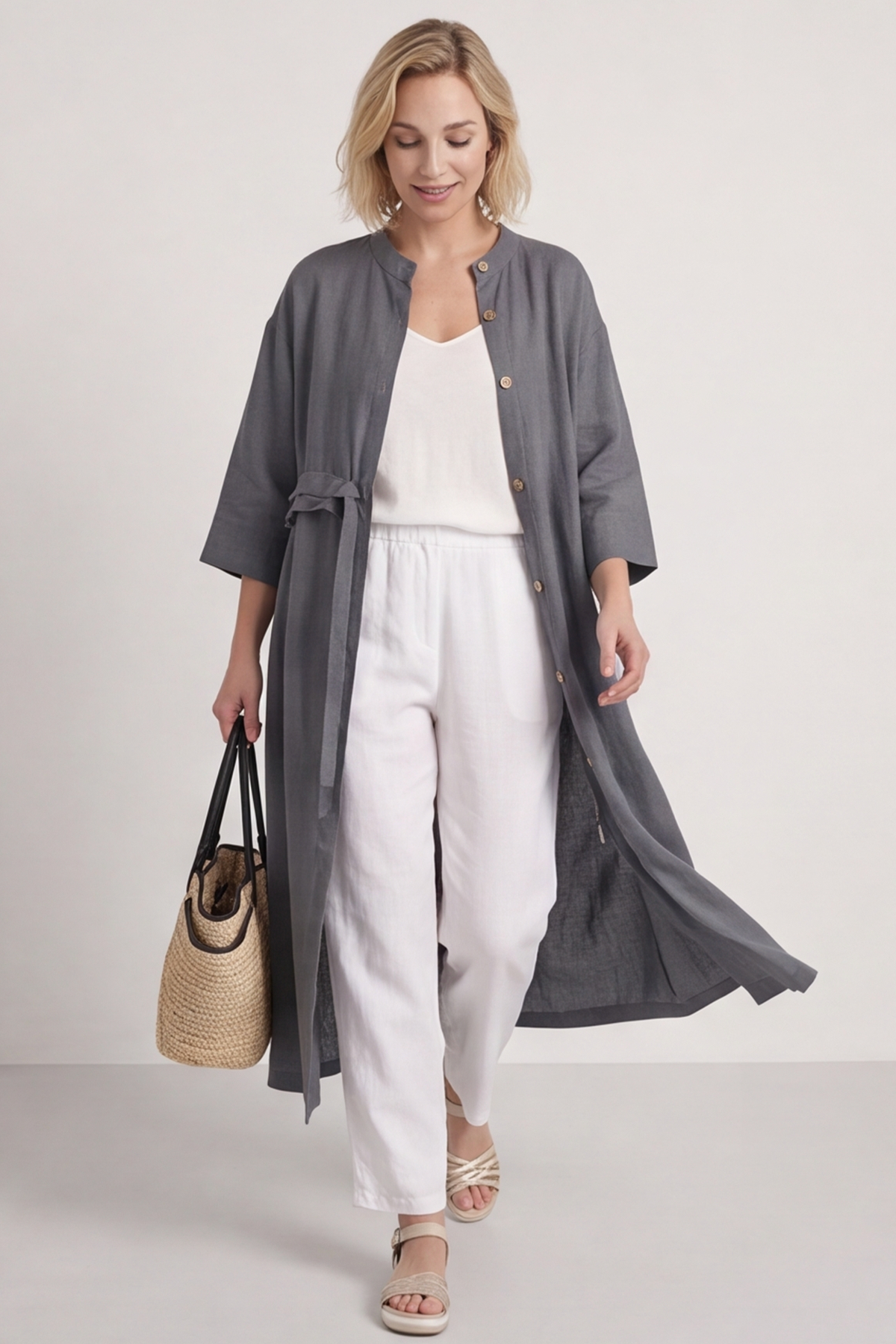 Sienna Button Linen Dress Charcoal