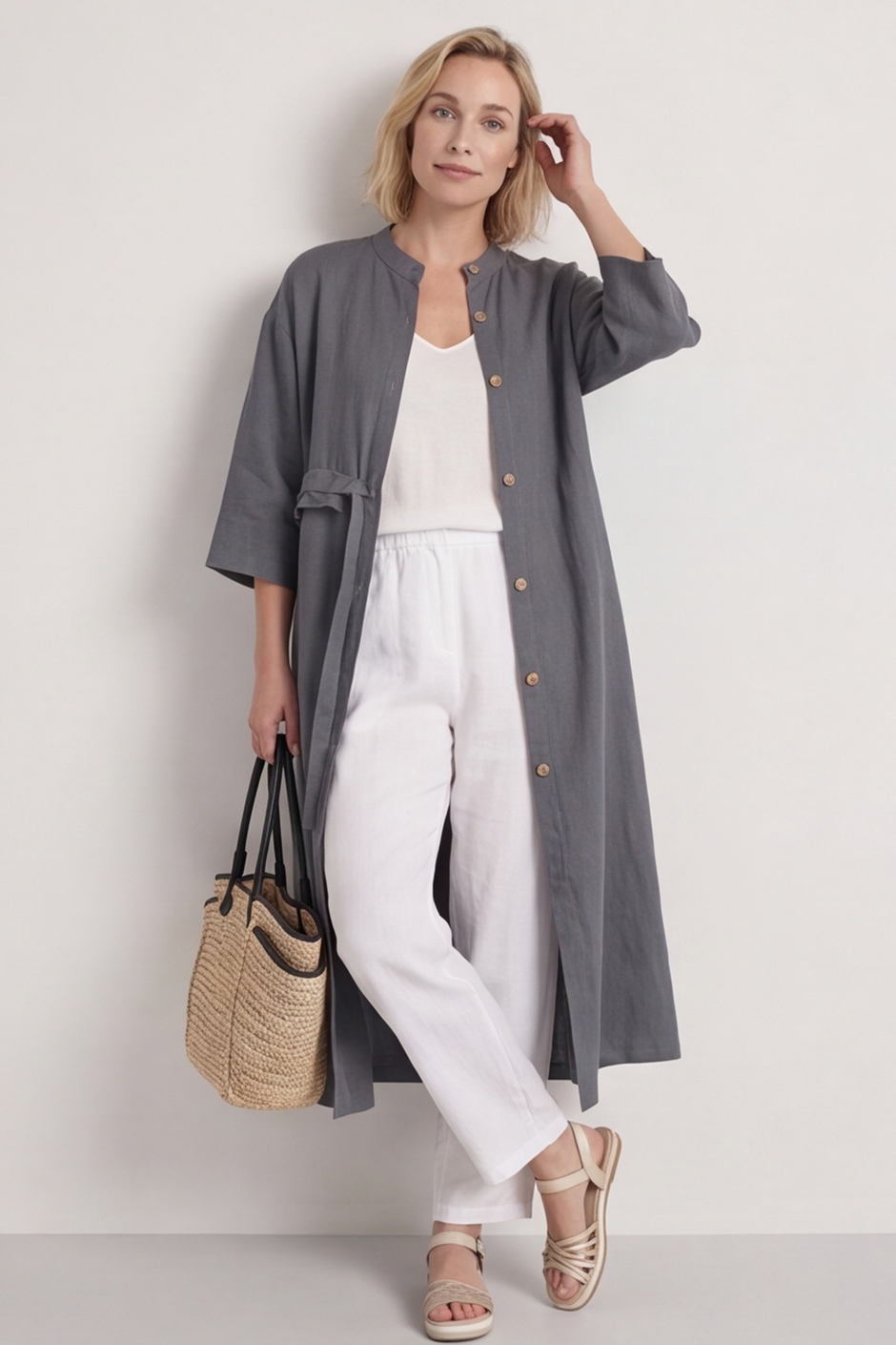 Sienna Button Linen Dress Charcoal