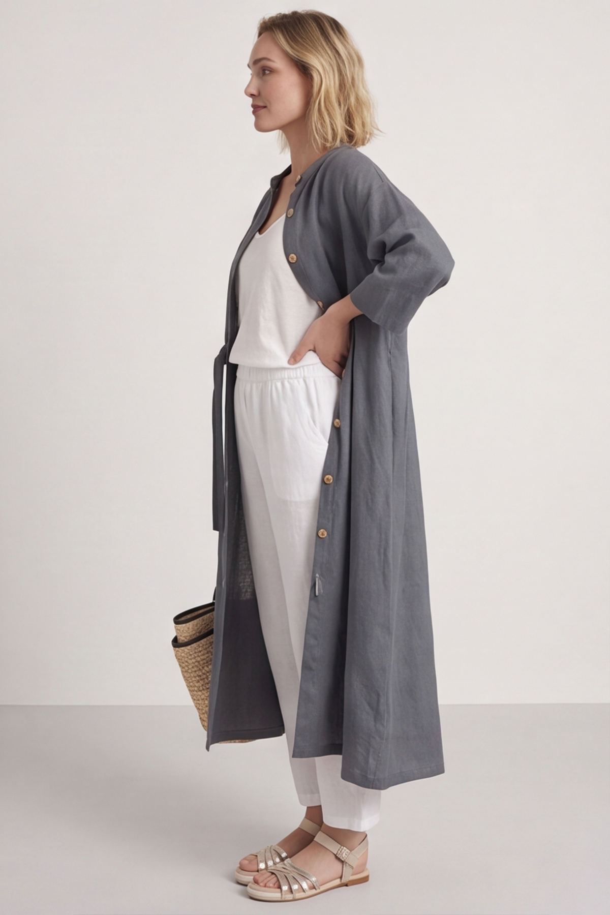 Sienna Button Linen Dress Charcoal