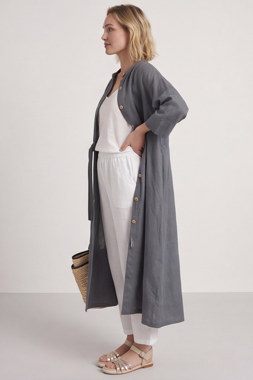 Sienna Button Linen Dress Charcoal - Image 9
