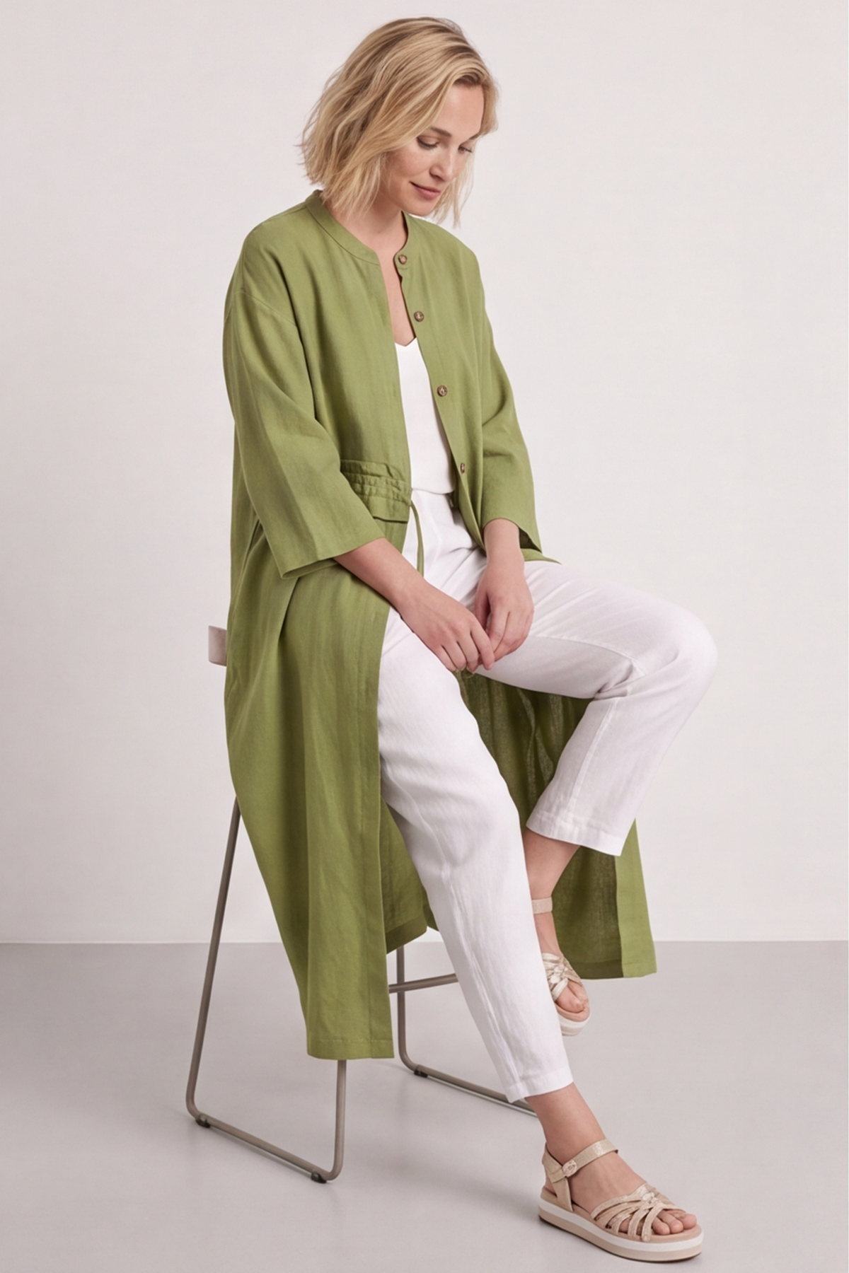 Sienna Button Linen Dress Olive