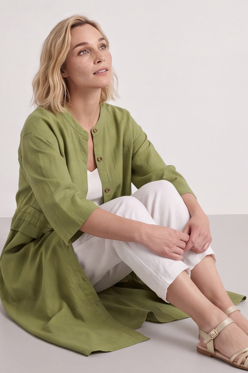 Sienna Button Linen Dress Olive - Image 2