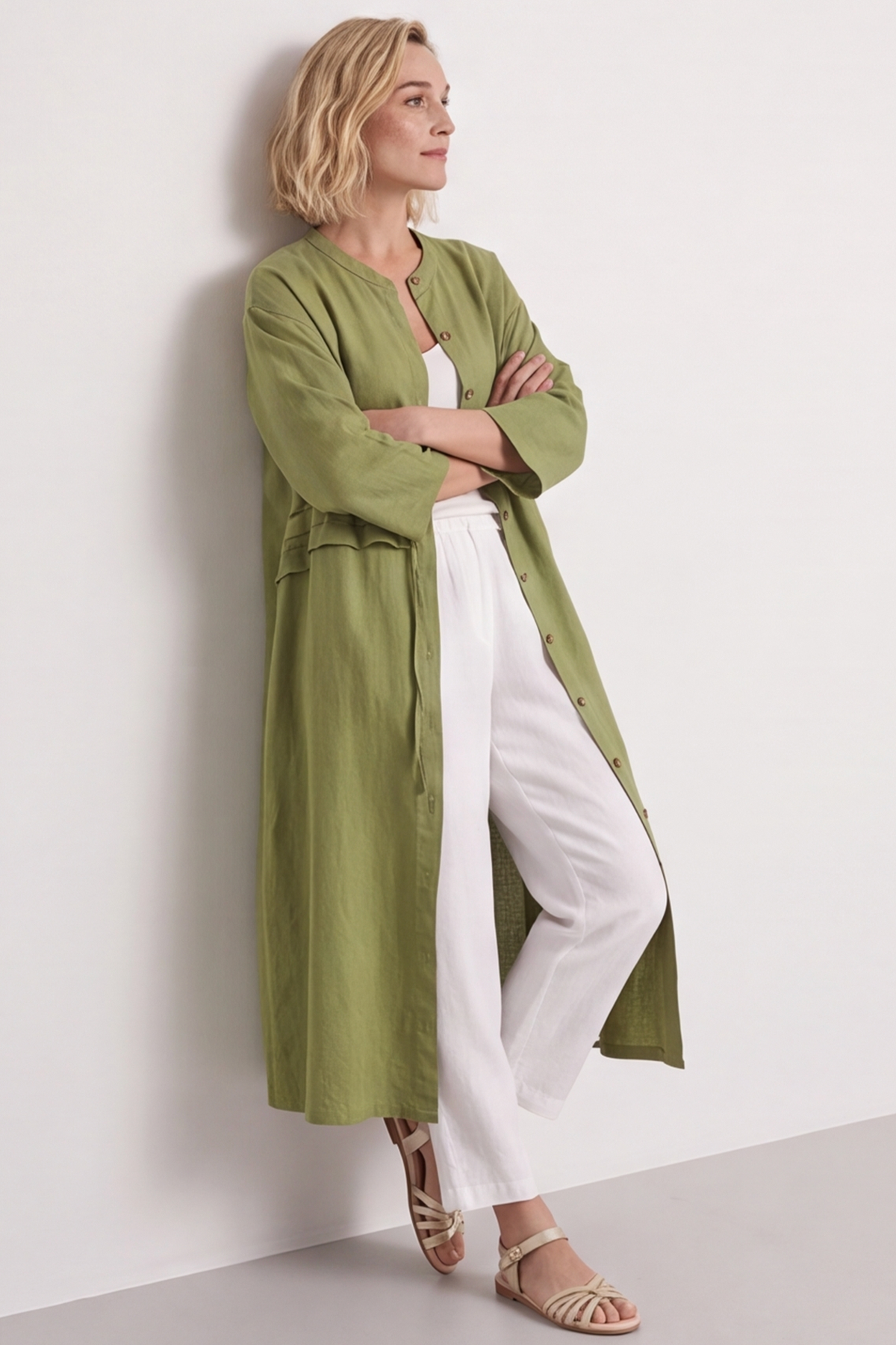 Sienna Button Linen Dress Olive