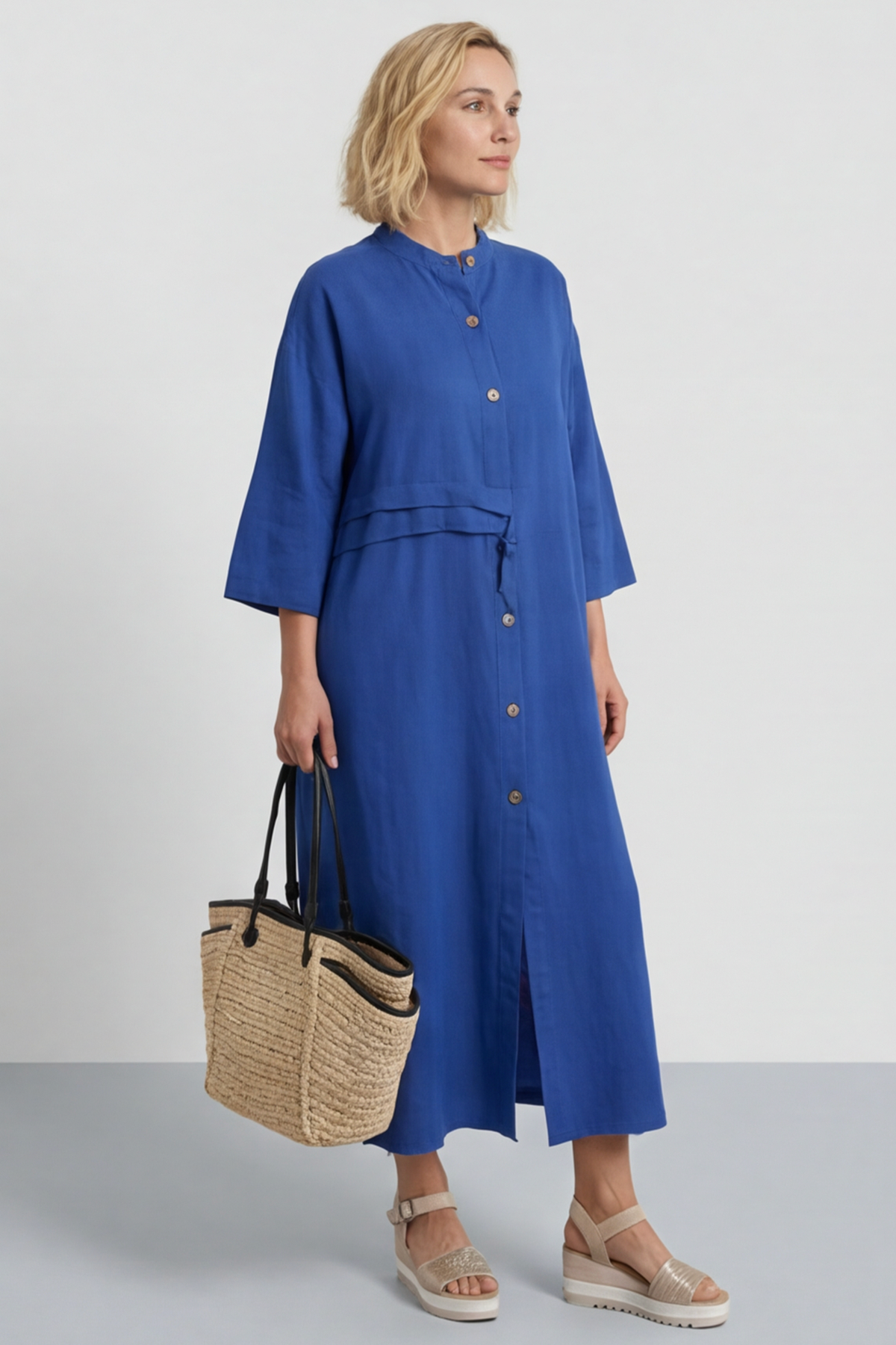 Sienna Button Linen Dress Cobalt