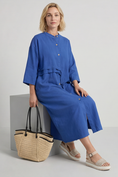 Sienna Button Linen Dress Cobalt - Image 3
