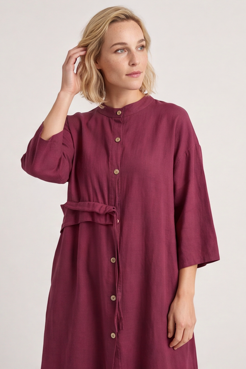 Sienna Button Linen Dress Burgundy - Image 5
