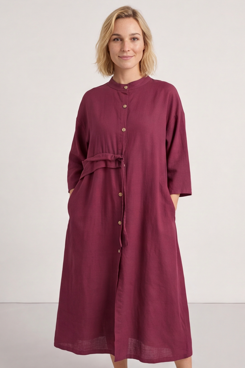 Sienna Button Linen Dress Burgundy