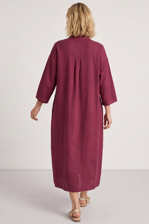 Sienna Button Linen Dress Burgundy - Image 6