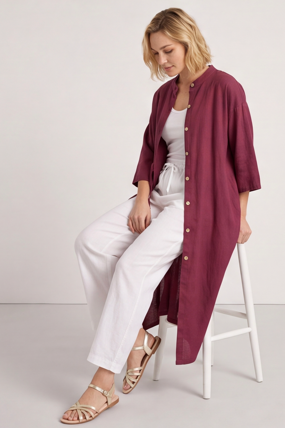 Sienna Button Linen Dress Burgundy