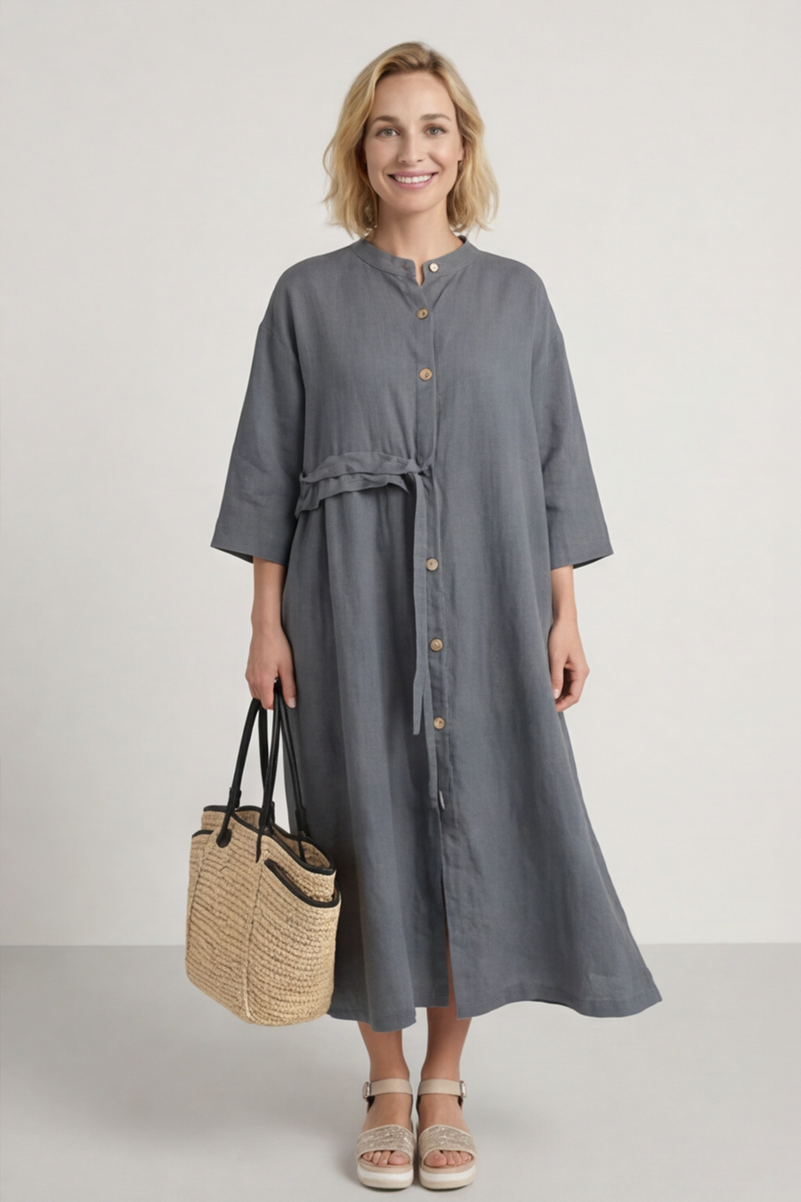 Sienna Button Linen Dress Charcoal