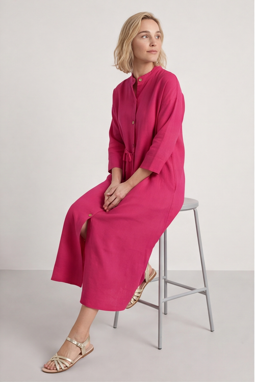 Sienna Button Linen Dress Fuchsia - Image 3