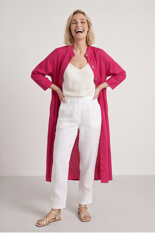 Sienna Button Linen Dress Fuchsia - Image 2
