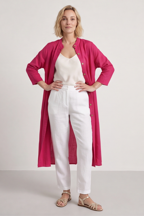 Sienna Button Linen Dress Fuchsia - Image 4