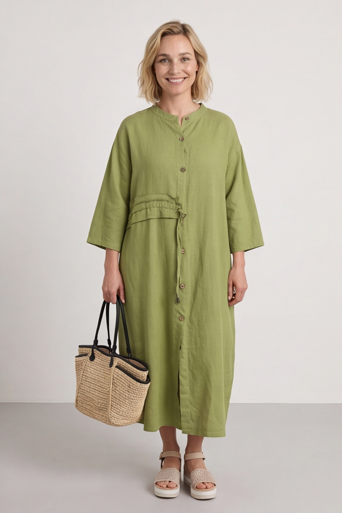 Sienna Button Linen Dress Olive
