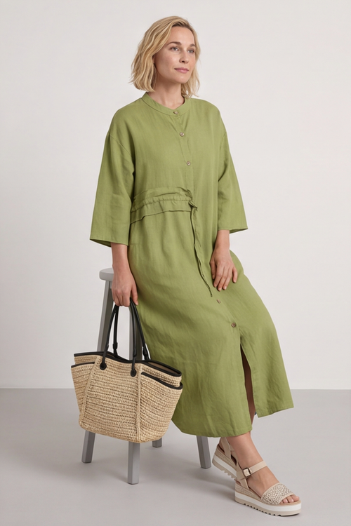 Sienna Button Linen Dress Olive - Image 6