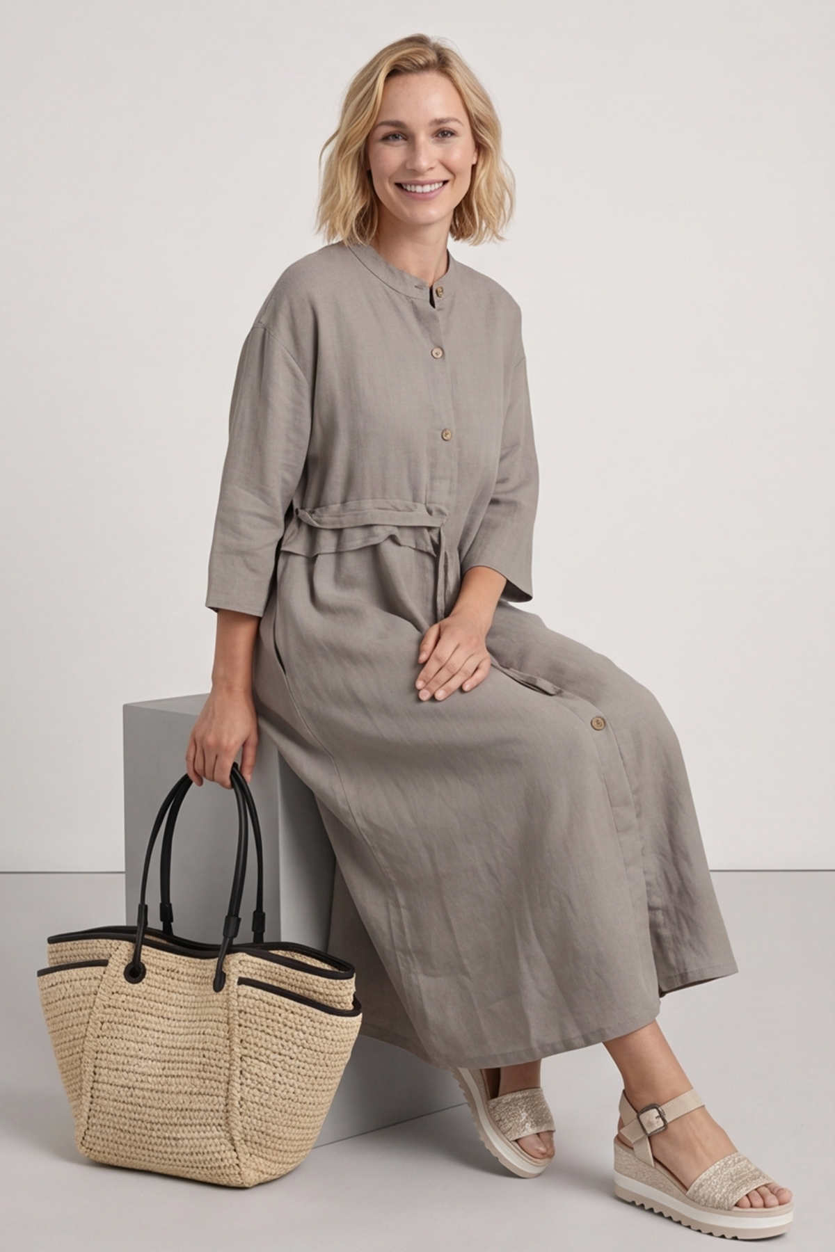 Sienna Button Linen Dress Mocha