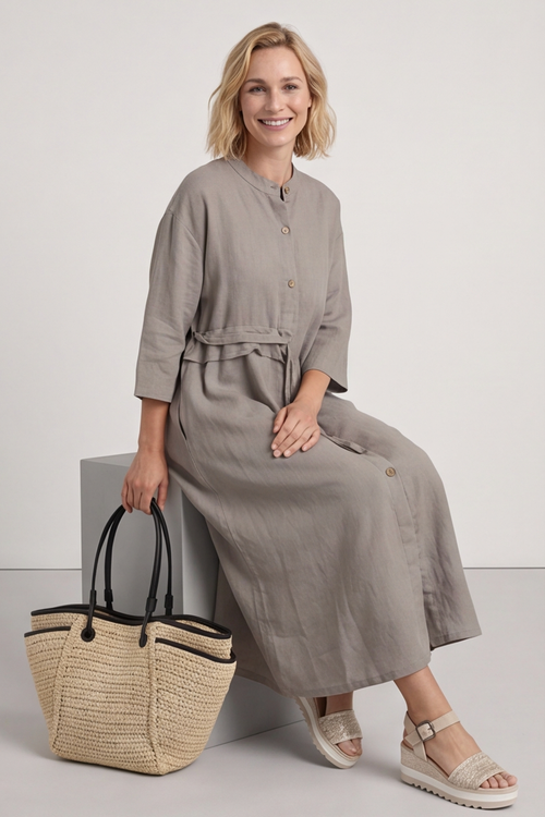 Sienna Button Linen Dress Mocha - Image 4