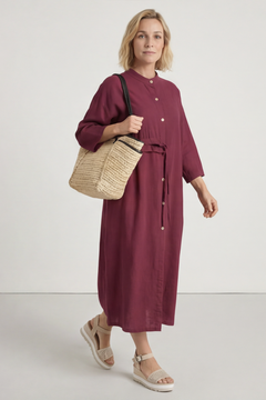 Sienna Button Linen Dress Wine