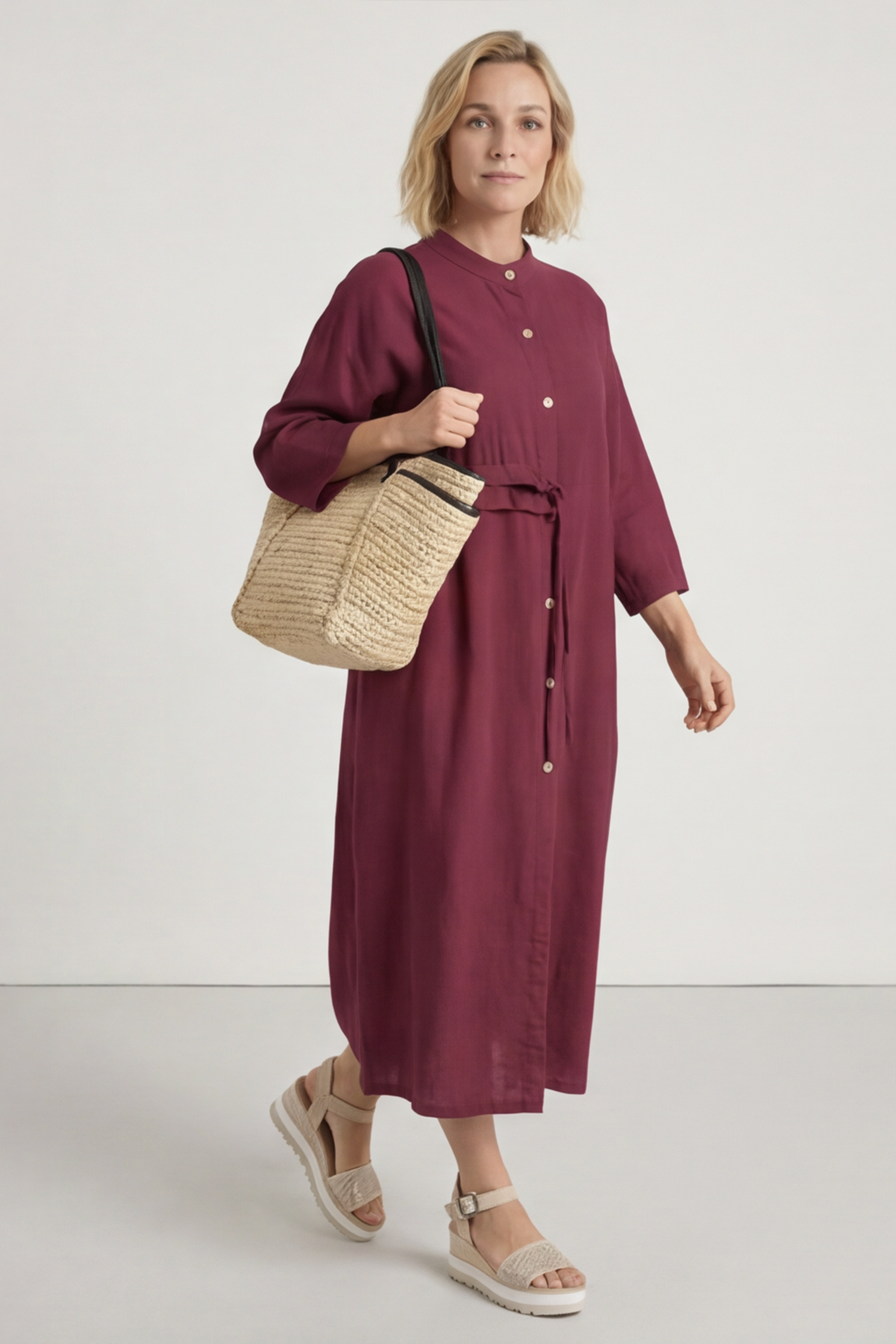 Sienna Button Linen Dress Wine