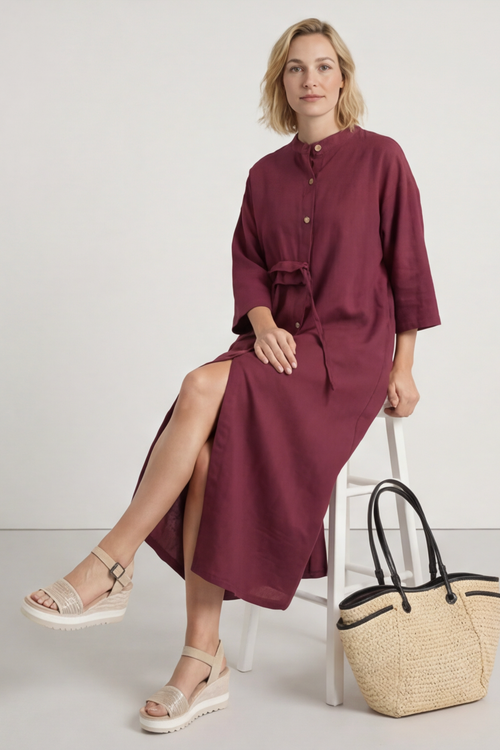 Sienna Button Linen Dress Wine - Image 2