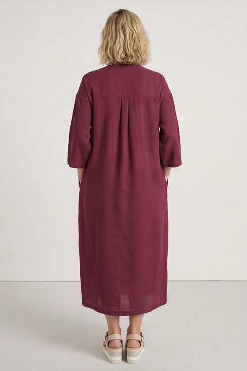 Sienna Button Linen Dress Wine - Image 3