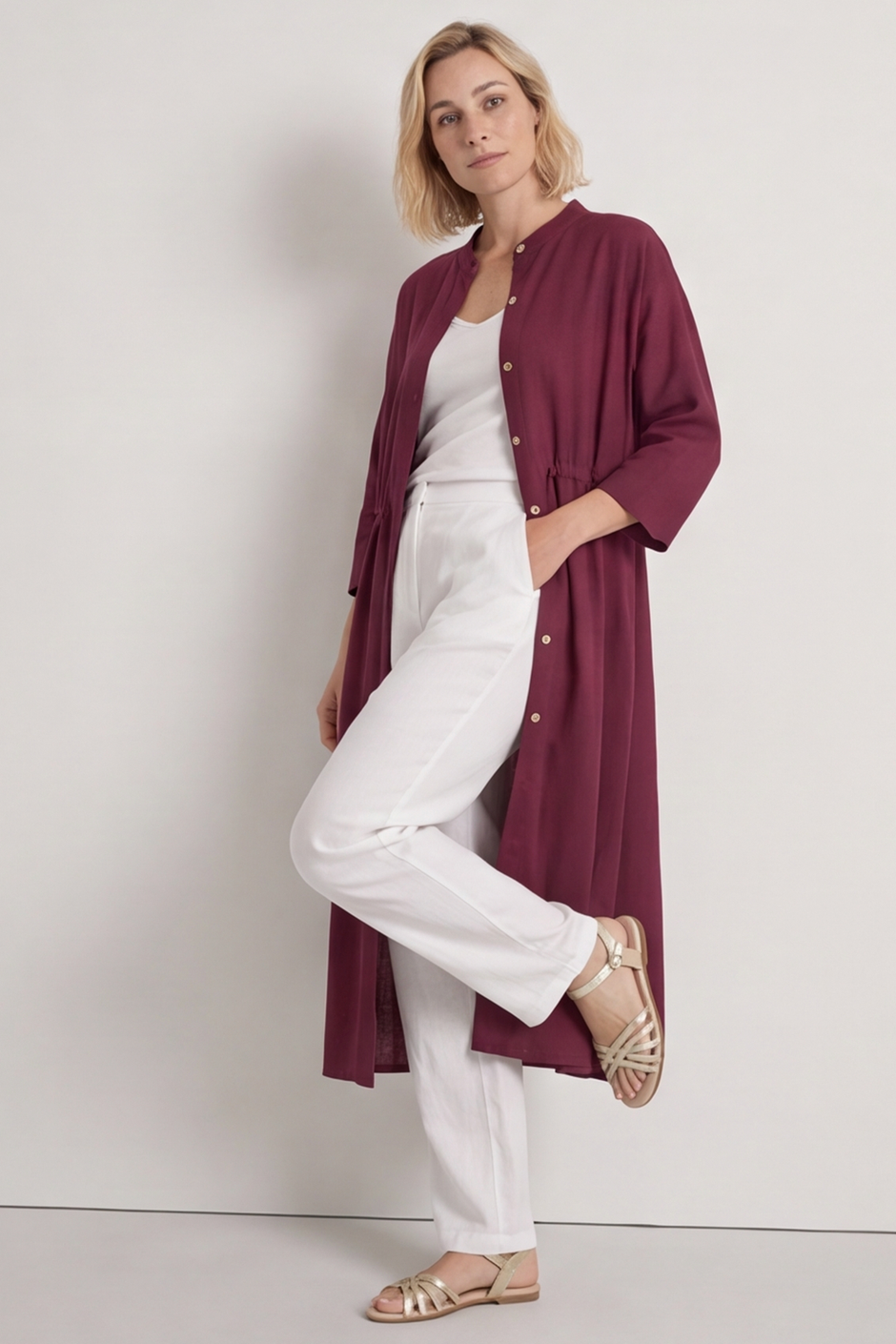 Sienna Button Linen Dress Wine