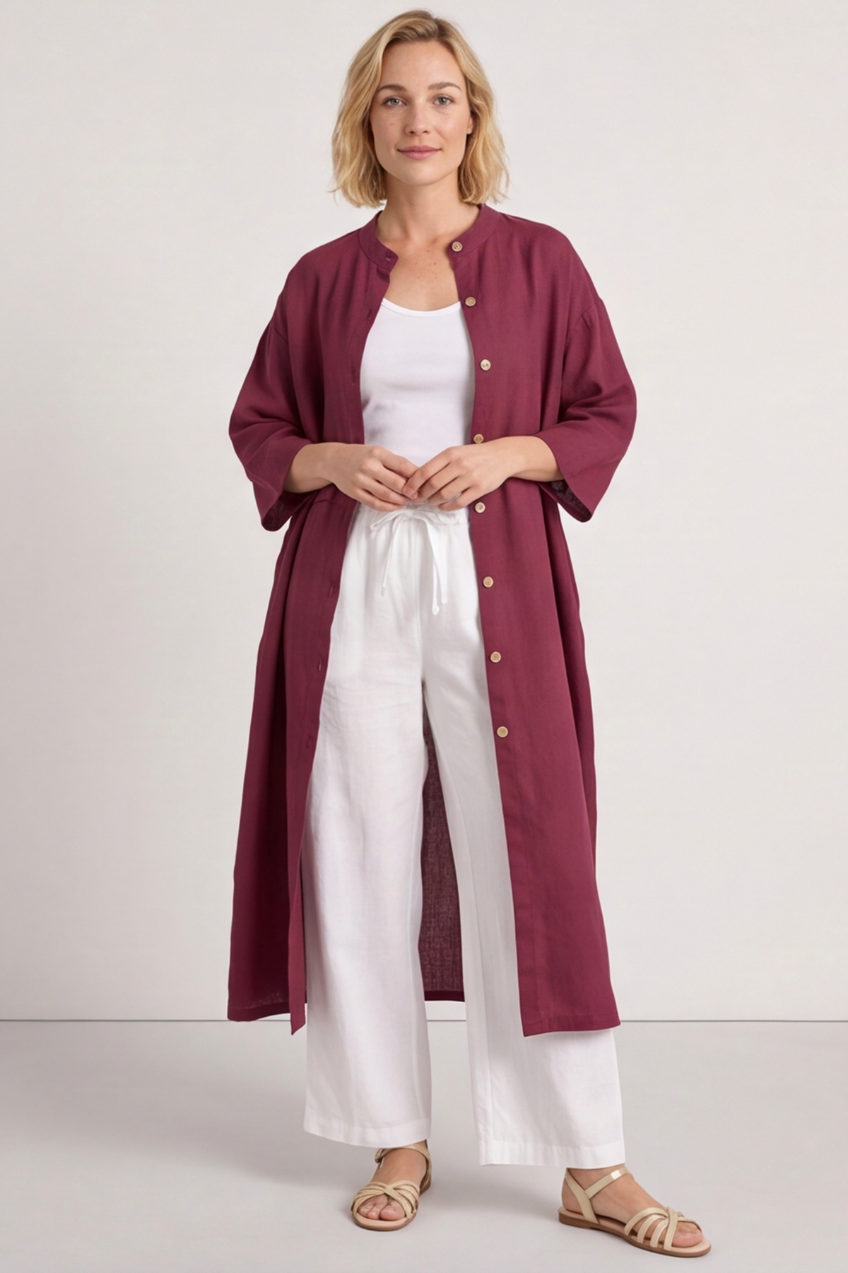 Sienna Button Linen Dress Burgundy