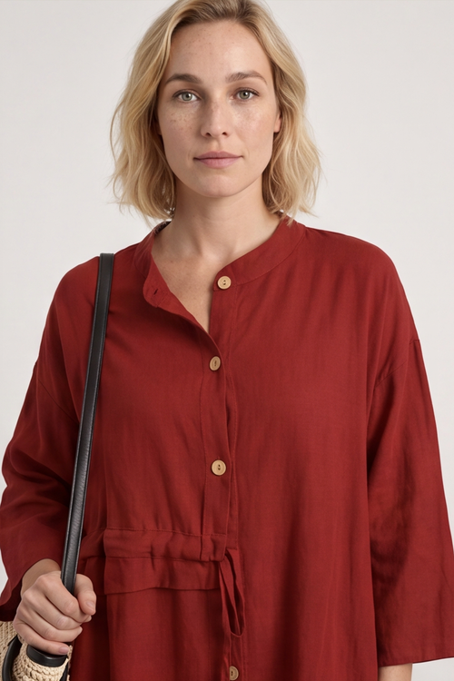 Sienna Button Linen Dress Wine - Image 4