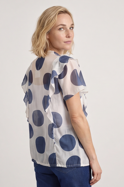 Skye Spot Print Frill Shirt Navy - Image 3