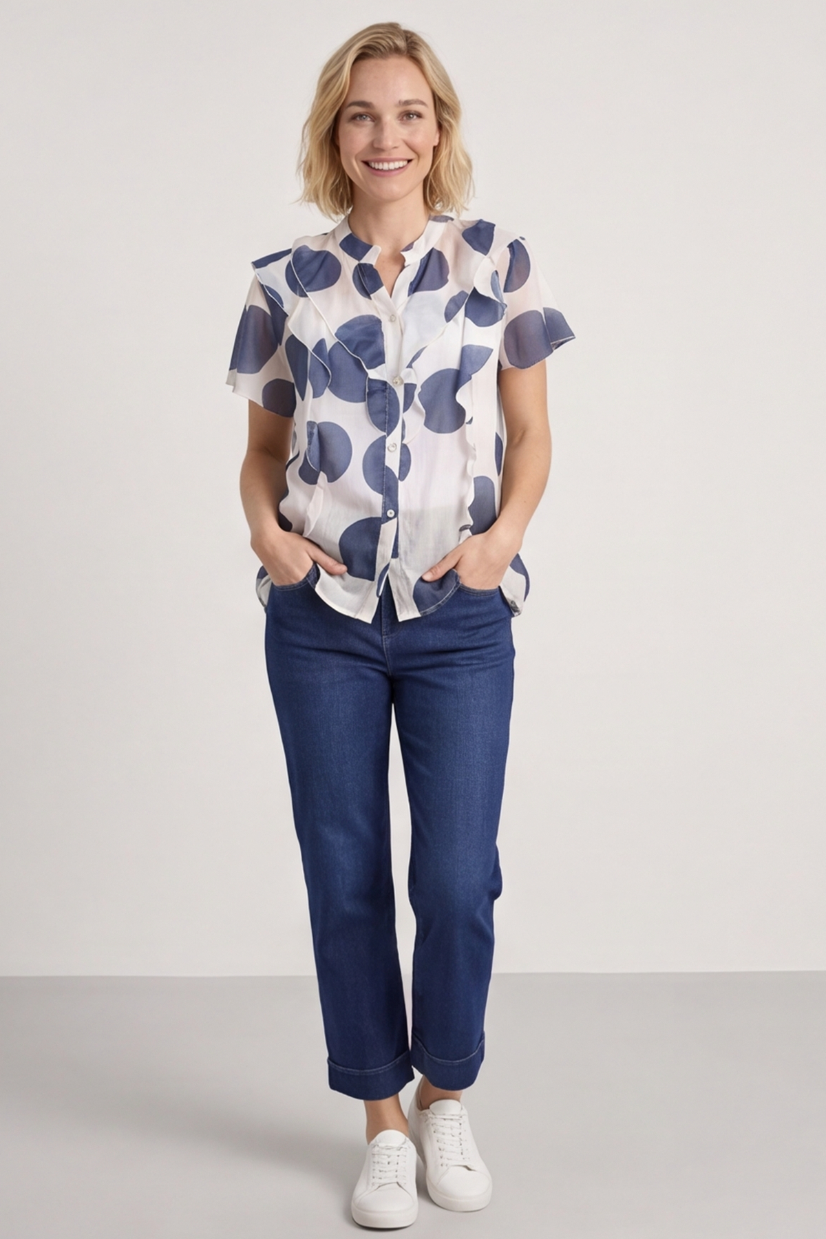 Skye Spot Print Frill Shirt Navy