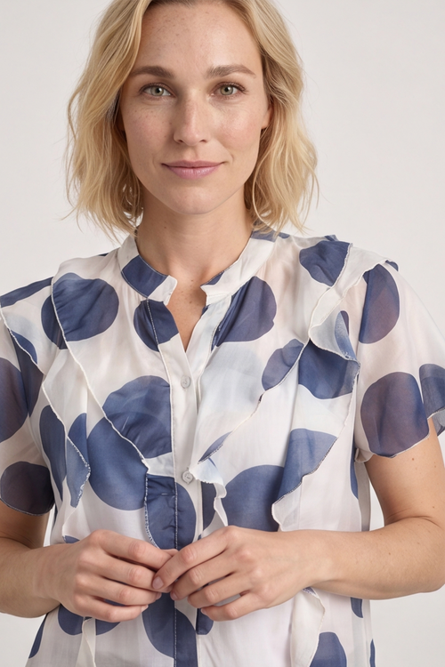 Skye Spot Print Frill Shirt Navy - Image 2