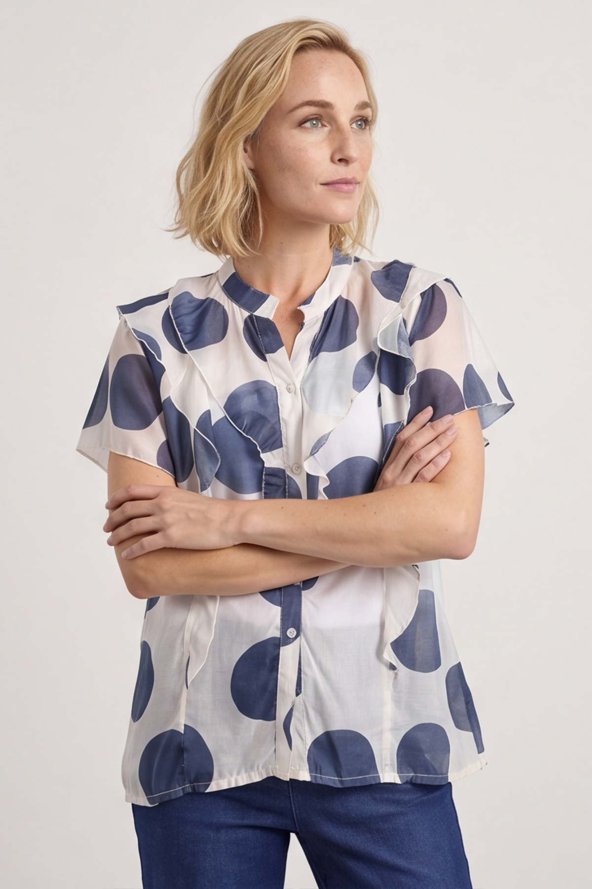 Skye Spot Print Frill Shirt Navy