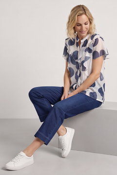 Skye Spot Print Frill Shirt Navy