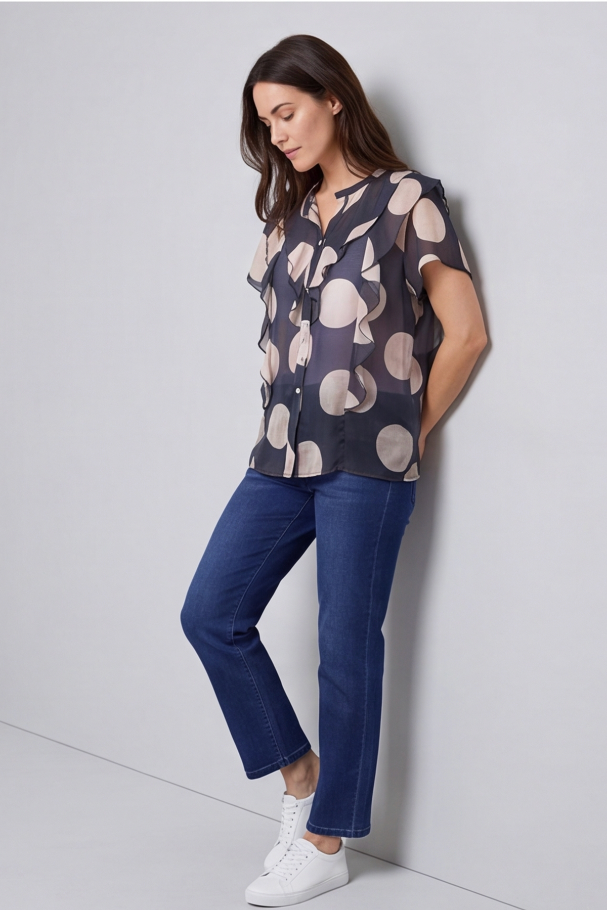 Skye Spot Print Frill Shirt Charcoal