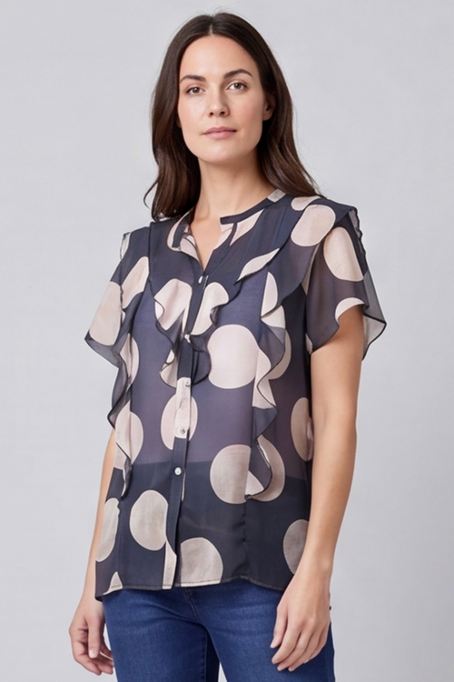 Skye Spot Print Frill Shirt Charcoal - Image 6