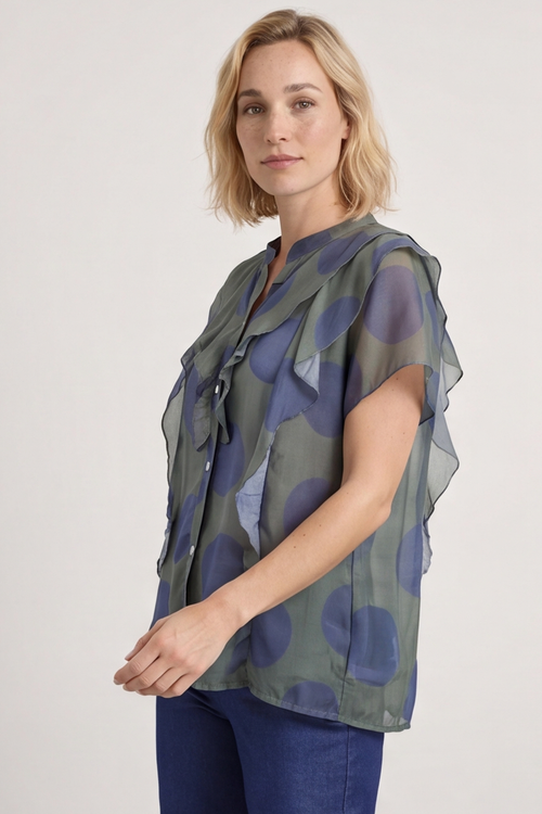 Skye Spot Print Frill Shirt Dark Khaki - Image 2