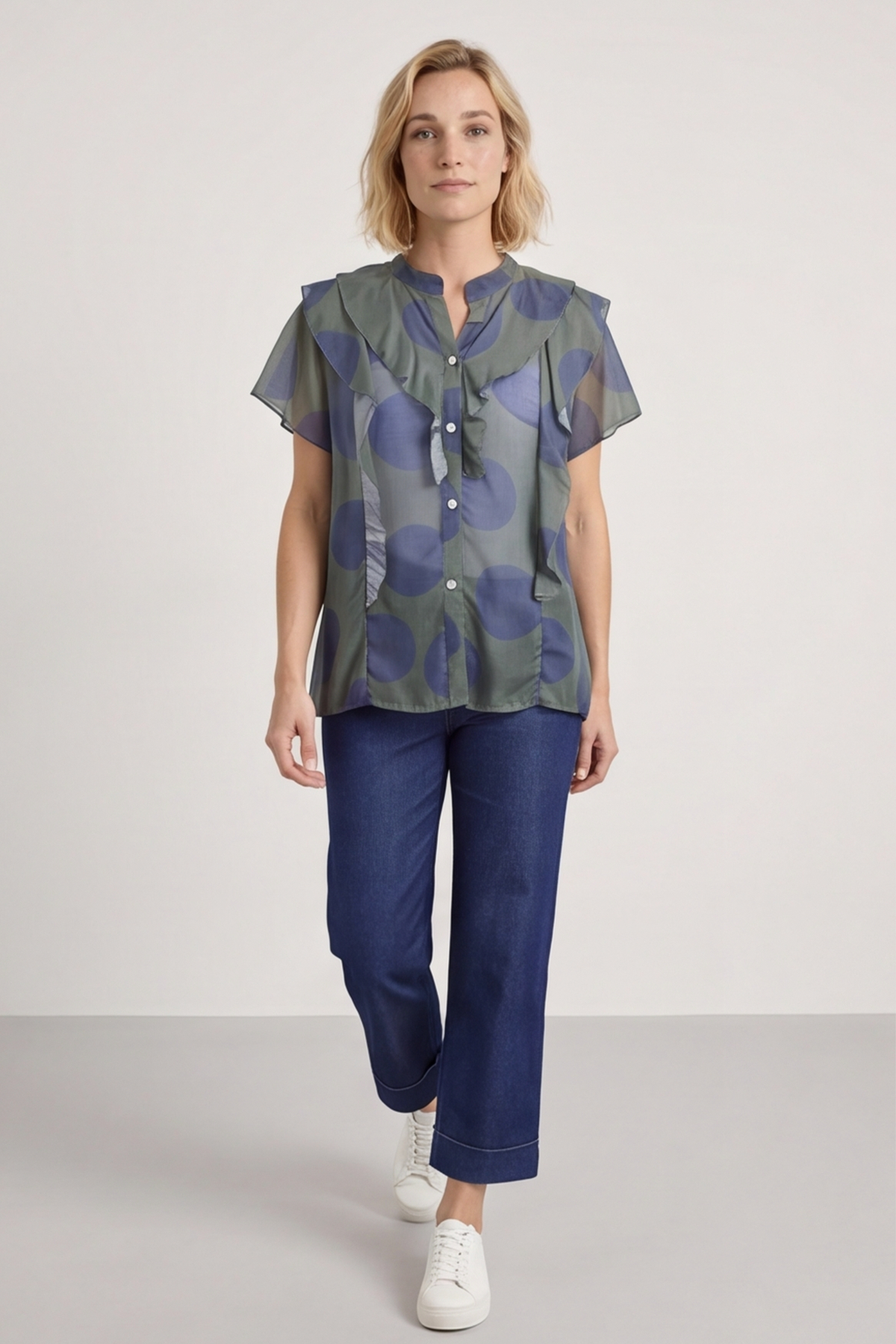 Skye Spot Print Frill Shirt Dark Khaki