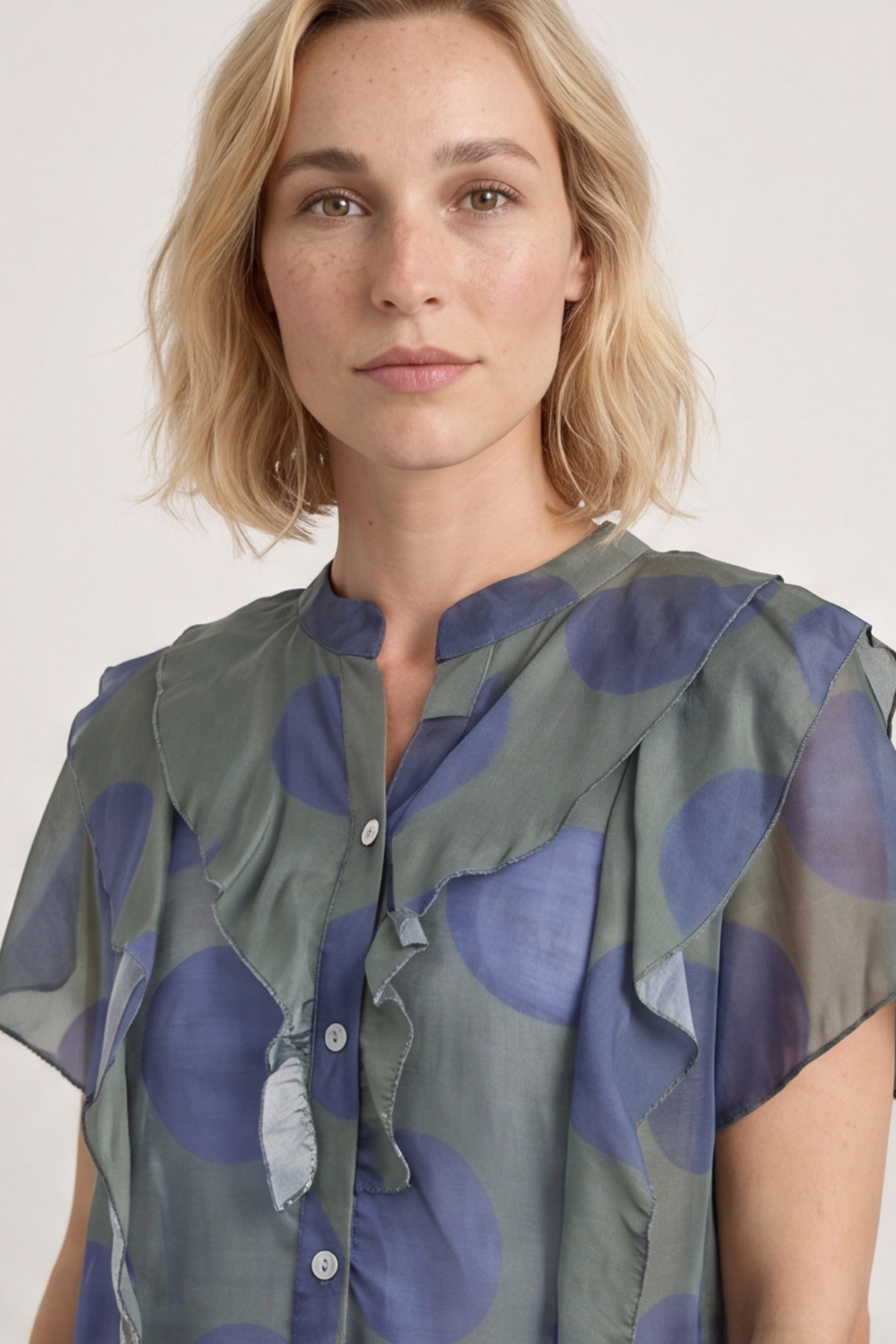 Skye Spot Print Frill Shirt Dark Khaki
