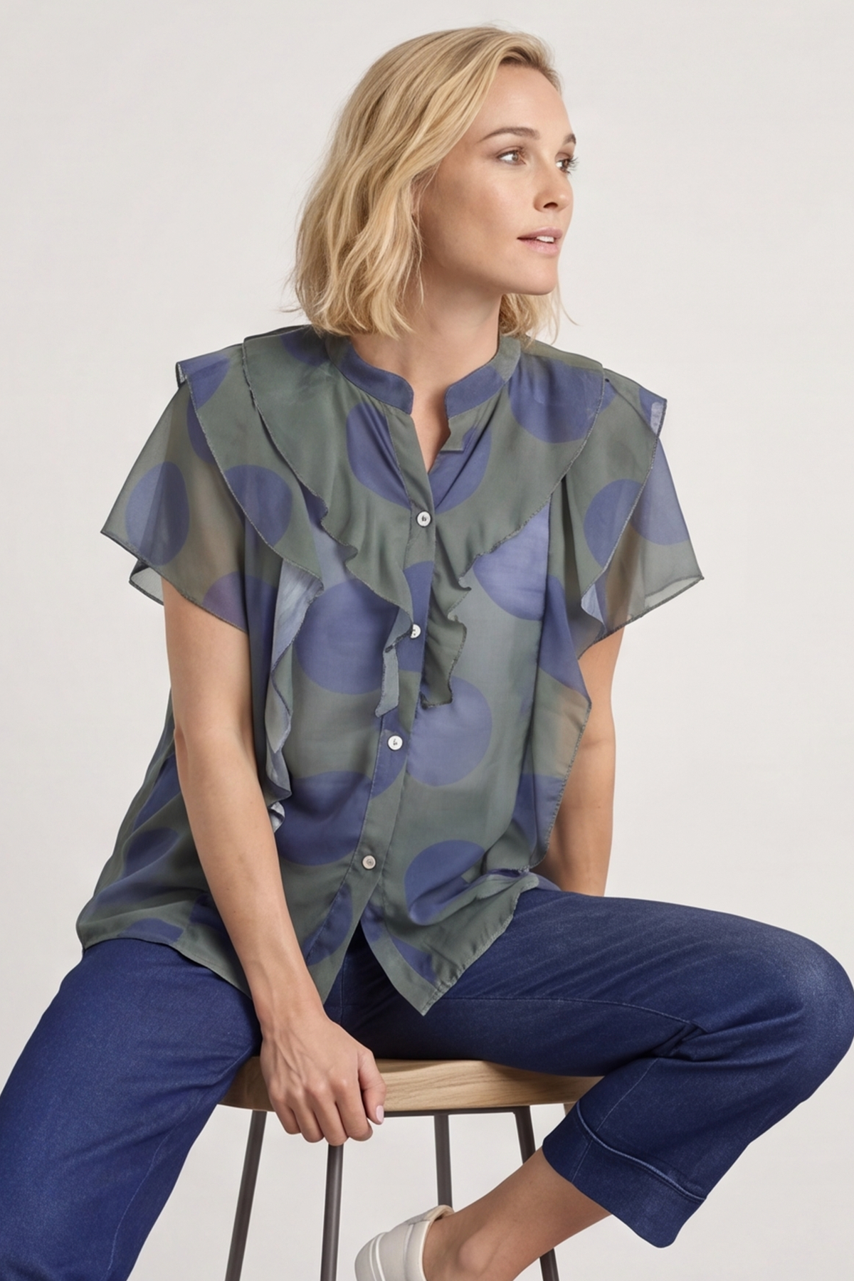 Skye Spot Print Frill Shirt Dark Khaki