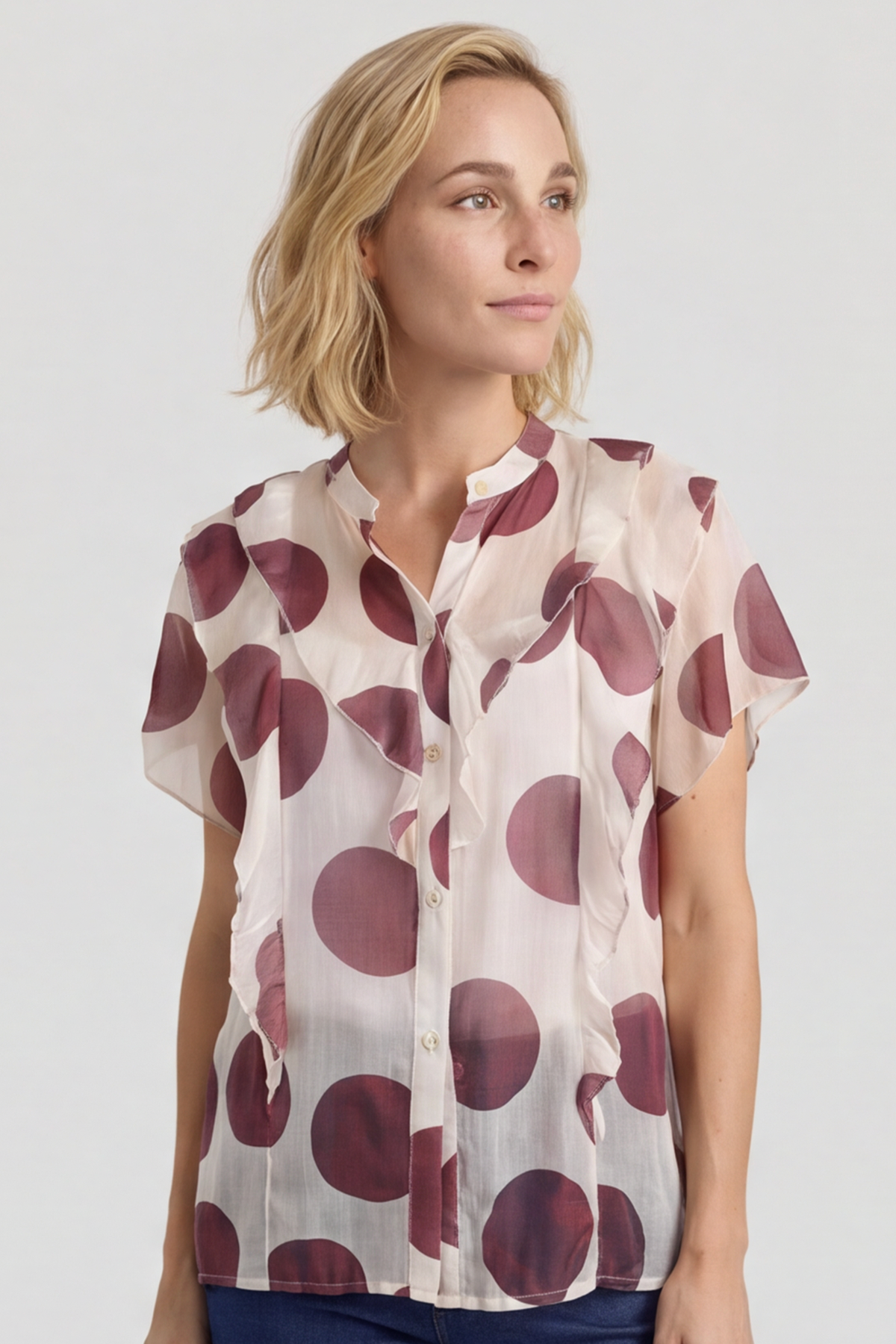 Skye Spot Print Frill Shirt Wine