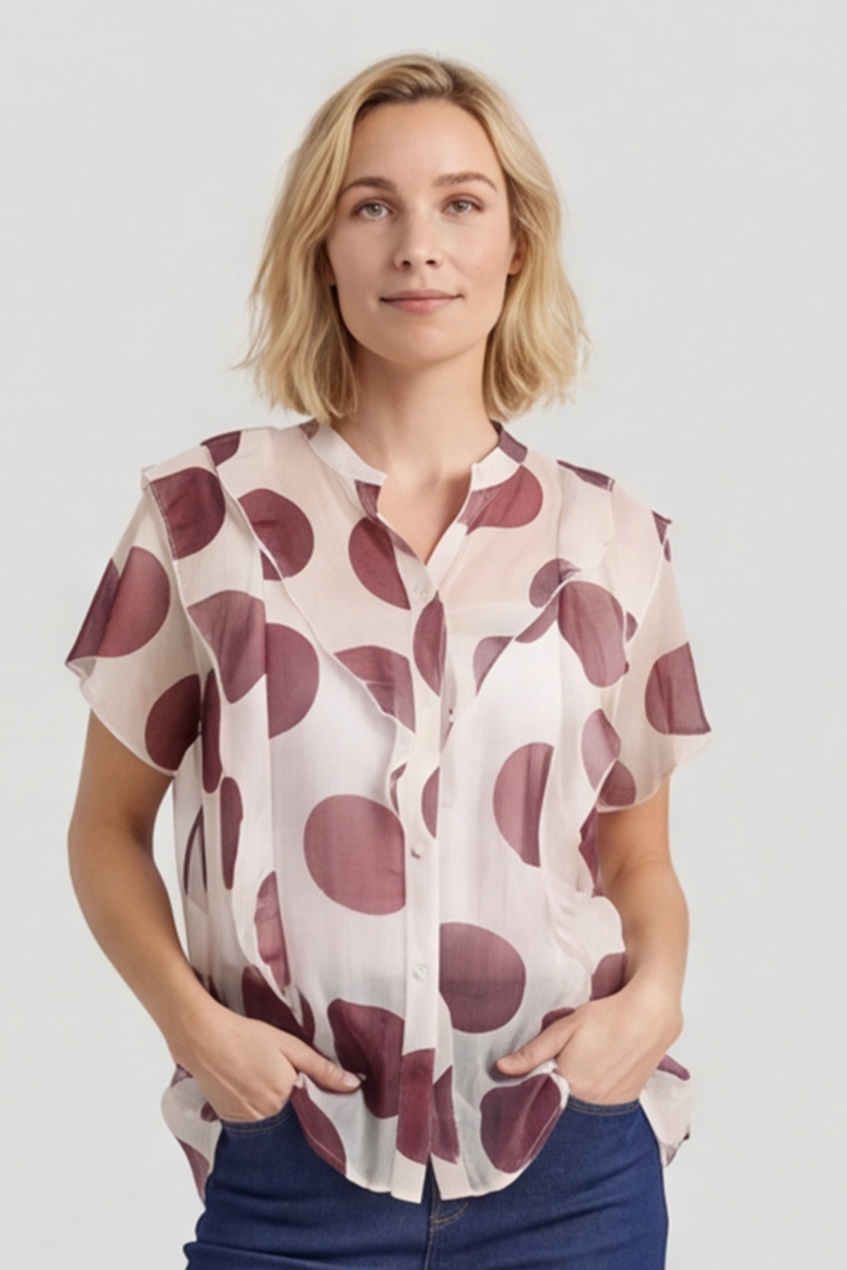 Skye Spot Print Frill Shirt Wine