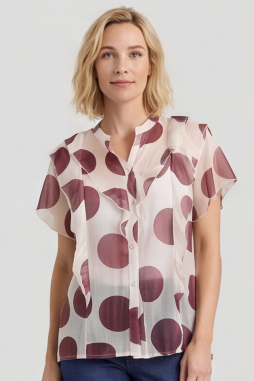 Skye Spot Print Frill Shirt Wine - Image 5