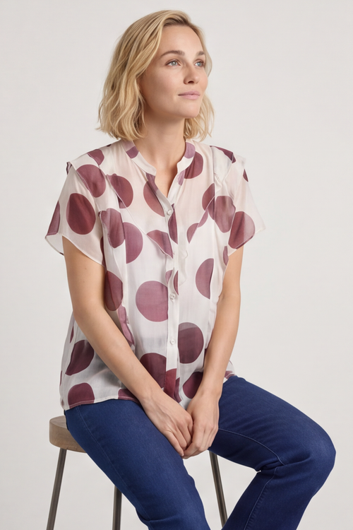 Skye Spot Print Frill Shirt Wine - Image 1