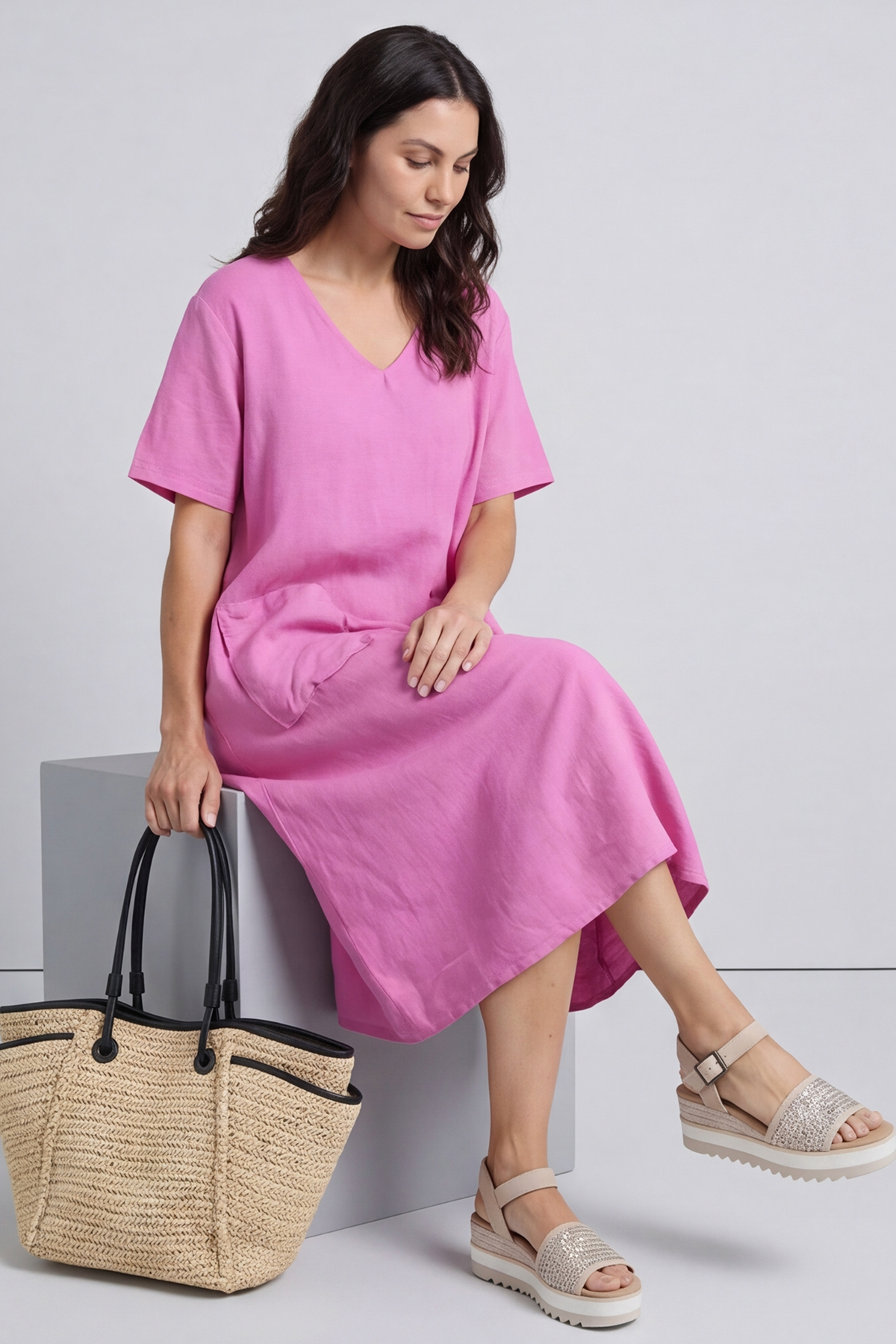 Solange Pocket Linen Dress Fuchsia