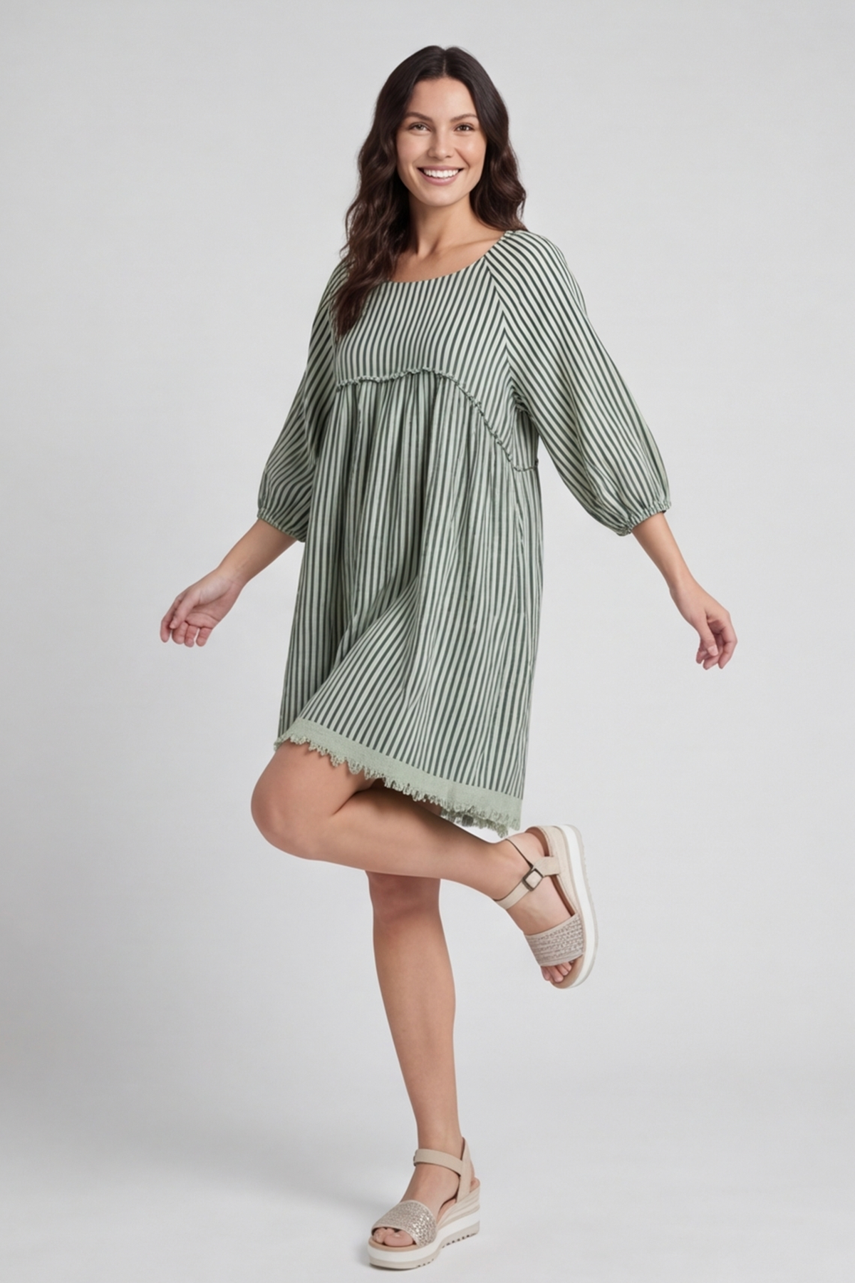 Kadenzia Stripe Cotton Tunic Sage Green