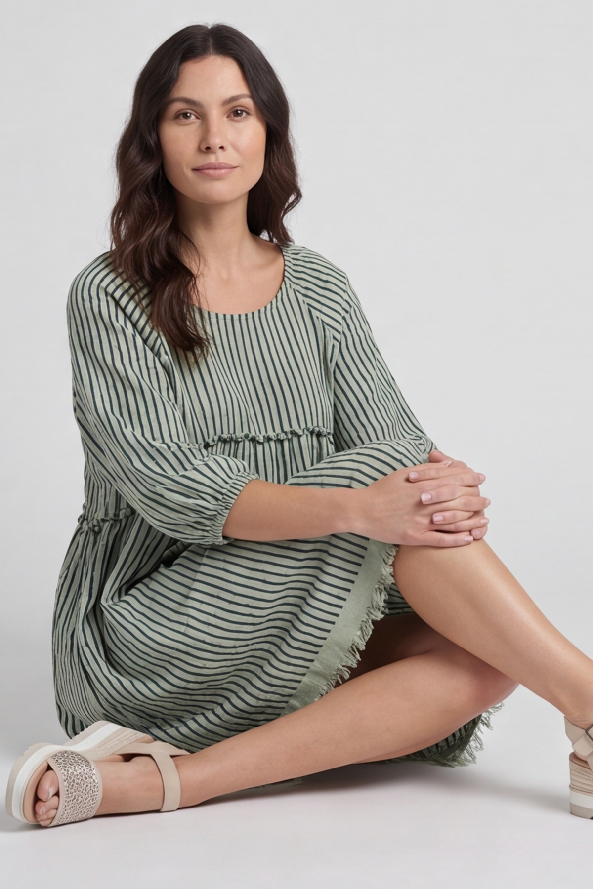 Kadenzia Stripe Cotton Tunic Sage Green